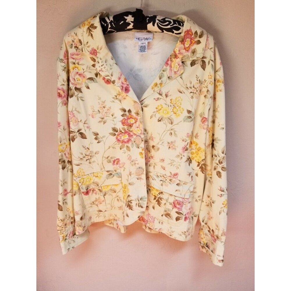 Graff Wear Womens Long Sleeves Blazer Top Large Button Collar Floral Multicolor